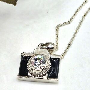 "5/$25" NRT Silvertone Black Enamel Camera Pendant Chain Necklace 16"
